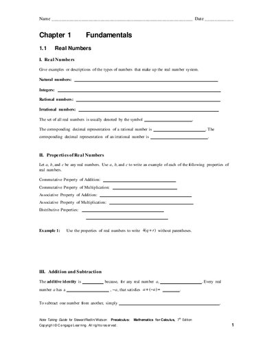 Note Taking Guide for Stewart/Redlin/Watson Precalculus: Mathematics for Calculus, 7th Edition