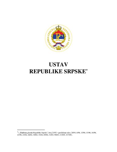 ,,Službeni glasnik Republike Srpske“, broj 21/92 
Ustav Republike Srpske