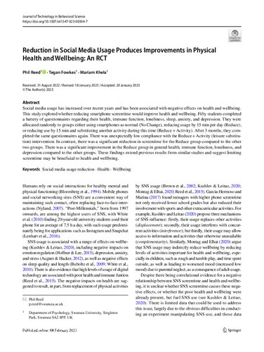 Reduction in Social Media Usage Produces Improvements in Physical  Health and Wellbeing: An RCT