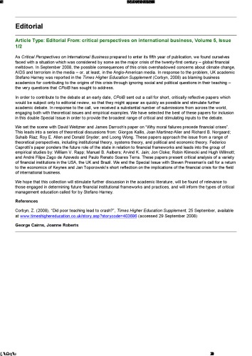 Reflections on a Global Financial Crisis (Critical Perspectives on International Business)