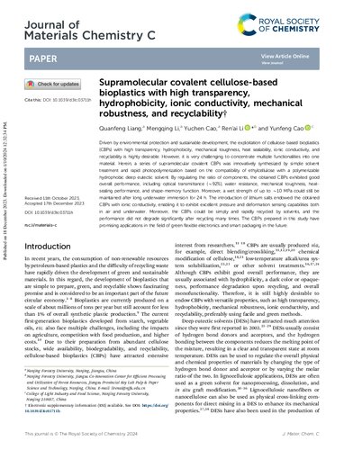 Supramolecular covalent cellulose-based bioplastics with high transparency, hydrophobicity, ionic conductivity, mechanical robustness, and recyclability