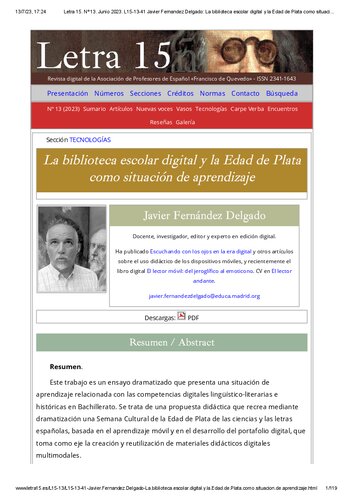 Anual 
La biblioteca escolar digital y la Edad de Plata como situación de aprendizaje