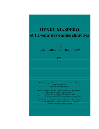 HENRI MASPERO et l'avenir des etudes chinoises