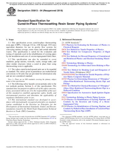 ASTM D5813-04R18 Standard Speciﬁcation for Cured-In-Place Thermosetting Resin Sewer Piping Systems