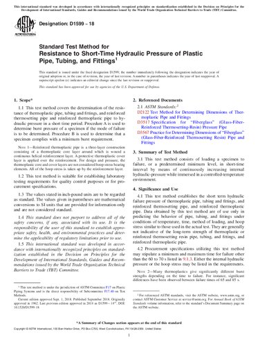 ASTM D1599-18 Standard Test Method for Resistance to Short-Time Hydraulic Pressure of Plastic Pipe, Tubing, and Fittings