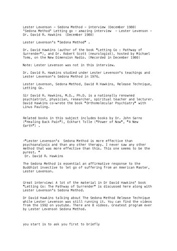 Interview Transcript 'Sedona Method' (Letting go) amazing interview - Lester Levenson - Dr. David R. Hawkins author of Letting Go Pathway of Surrender - in December 1980