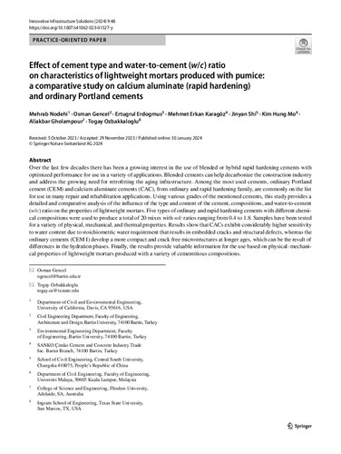 Effect of cement type and water-to-cement (w/c) ratio on characteristics of lightweight mortars produced with pumice: a comparative study on calcium aluminate (rapid hardening) and ordinary Portland cements