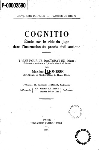 Cognitio: étude sur le rôle du juge dans l'instruction du procès civil antique