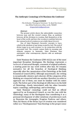 The Anthropic Cosmology of St Maximus the Confessor, Journal for Interdisciplinary Research on Religion and Science, 3rd Issue, July 2008