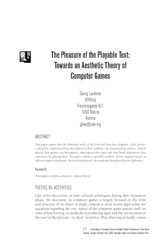 The Pleasure of the Playable Text: Towards an Aesthetic Theory of Computer Games