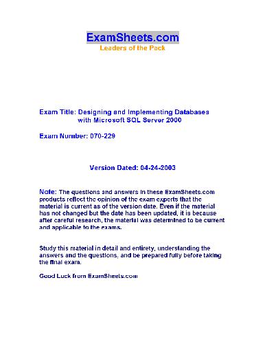 Designing and Implementing Databases with Microsoft SQL Server 2000