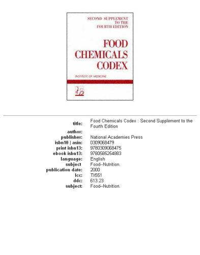 Food Chemicals Codex: Second Supplement to the Fourth Edition