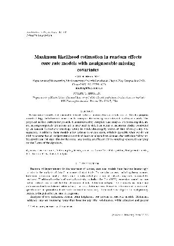 Maximum likelihood estimation in random effects cure rate models with nonignorable missing covariates