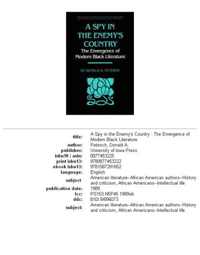 A Spy in the Enemy's Country: The Emergence of Modern Black Literature