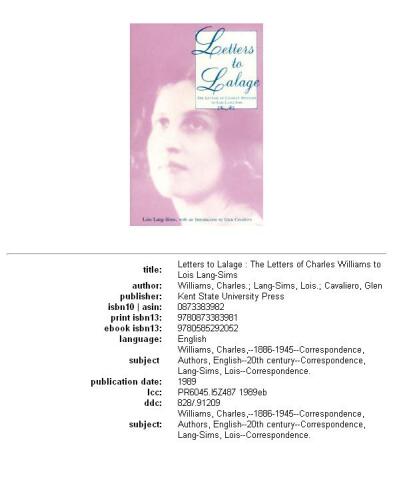 Letters to Lalage: The Letters of Charles Williams to Lois Lang-Sims