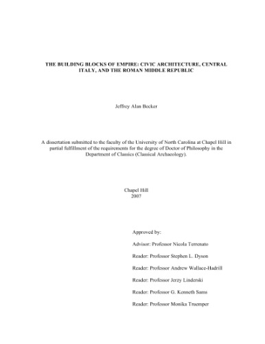 The Building Blocks of Empire: Civic Architecture, Central Italy, and the Roman Middle Republic (Ph.D. Chapel Hill, 2007)