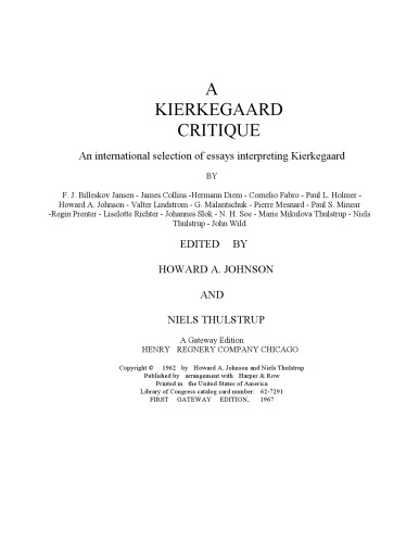 A Kierkegaard Critique: An International Selection of Essays Interpreting Kierkegaard