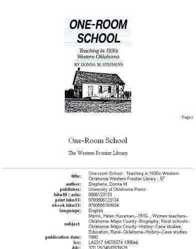 One-Room School: Teaching in 1930s Western Oklahoma (Western Frontier Library)