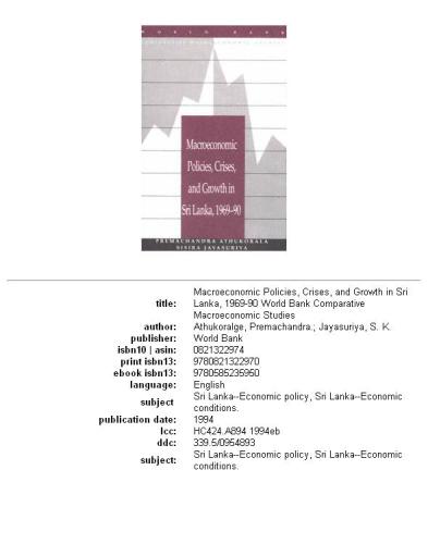 Macroeconomic Policies, Crises, and Growth in Sri Lanka, 1969-90 (World Bank Comparative Macroeconomic Studies)