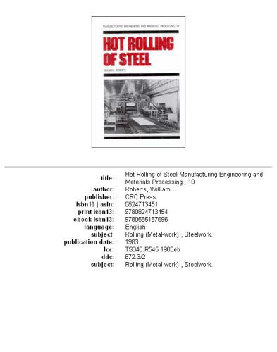 Hot Rolling of Steel (Manufacturing Engineering and Materials Processing)