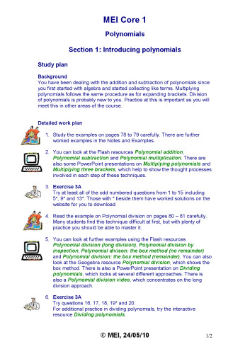 MEI C1 Study Resources Core1 Polynomials 1 Introduction  