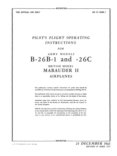 Pilots flight operating instructions for army models B-26B-1 and -26C british model MARAUDER II