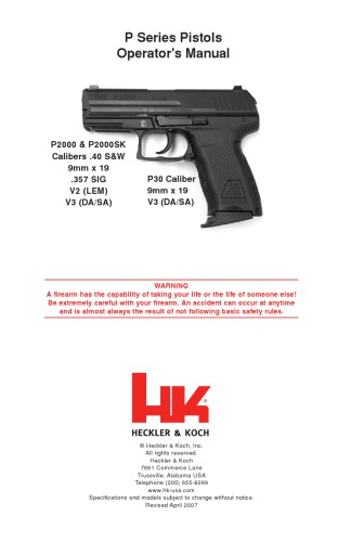 Hk P2000 P Series PistolsOperators Manual