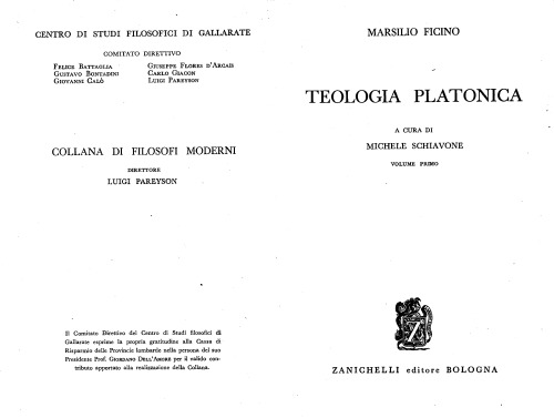 Teologia Platonica volume primo