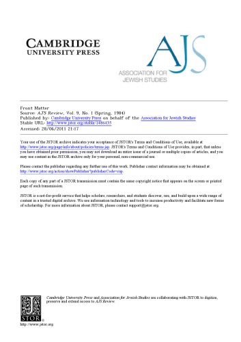 AJS REVIEW The Journal of the Association for Jewish Studies Vol. IX, No. 1 Spring 1984