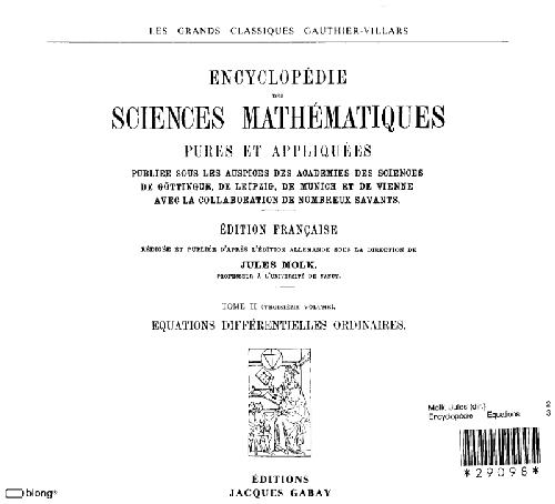 Encyclopedie des sciences mathematiques. Equations differentielles ordinaires