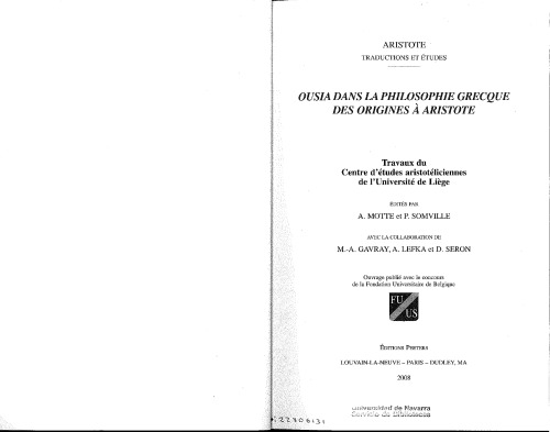 Ousia dans la philosophie grecque des origines à Aristote