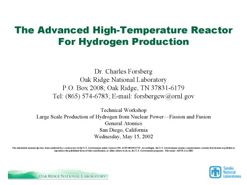 Advanced High-Temp Reactor for Hydrogen Production [pres. slides]