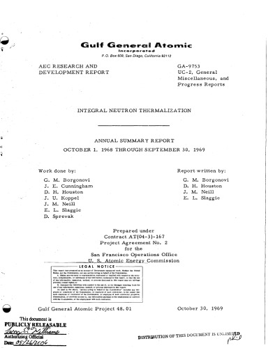 Integral Neutron Thermalization [annual summ rpt Oct 68 - Sep 69]