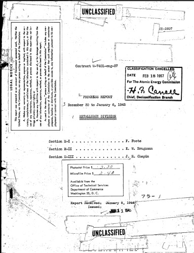 Metallurgy Division - Progress Rpt [Dec 30, 1944 - Jan 6 1945] [declassified]