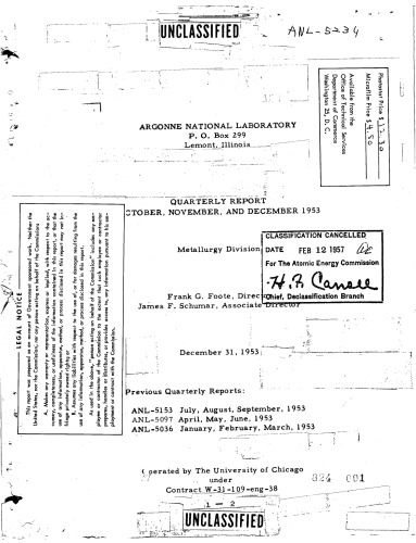 Metallurgy Division - [quarterly rpt Oct-Dec 1953] [declassified]