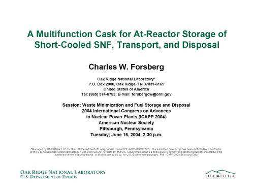 Multifunction Cask for At-Reactor Storage of SNF [pres. slides]