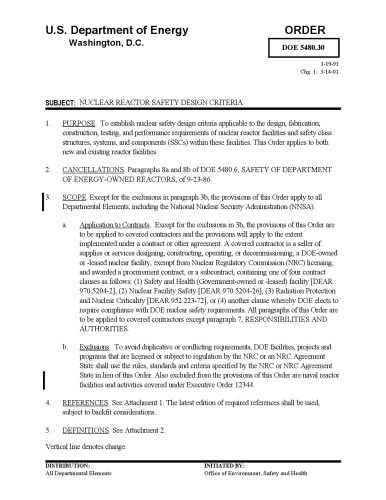 Nuclear Reactor Safety Design Criteria (US DOE 5480.30)