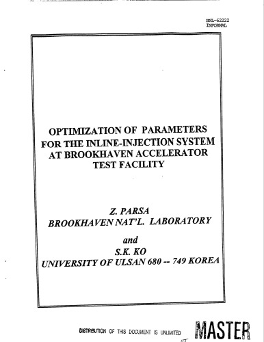 Optimization of Params - Inline Injector Sys at BNL Accelerator