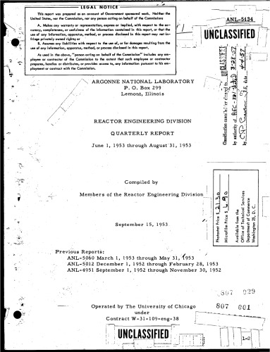 Reactor Engineering Div. Qtrly Rpt [Jun-Aug 1953] [declassified]