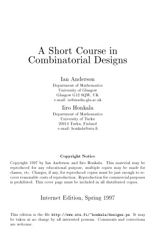 A Short Course in Combinatorial Designs